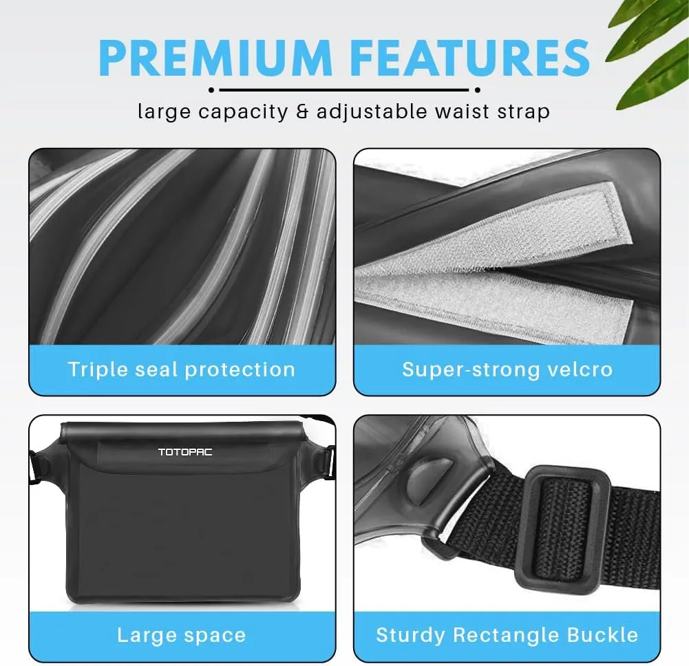 2-Pack Waterproof Fanny Pack, Phone Pouch with Waist Strap, 9x6.7 Inch Dry Bag for Phone, Cash, and Valuables  for Swimming, Kayaking, Boating, Snorkeling, and Water Sports (2, Black   Grey)