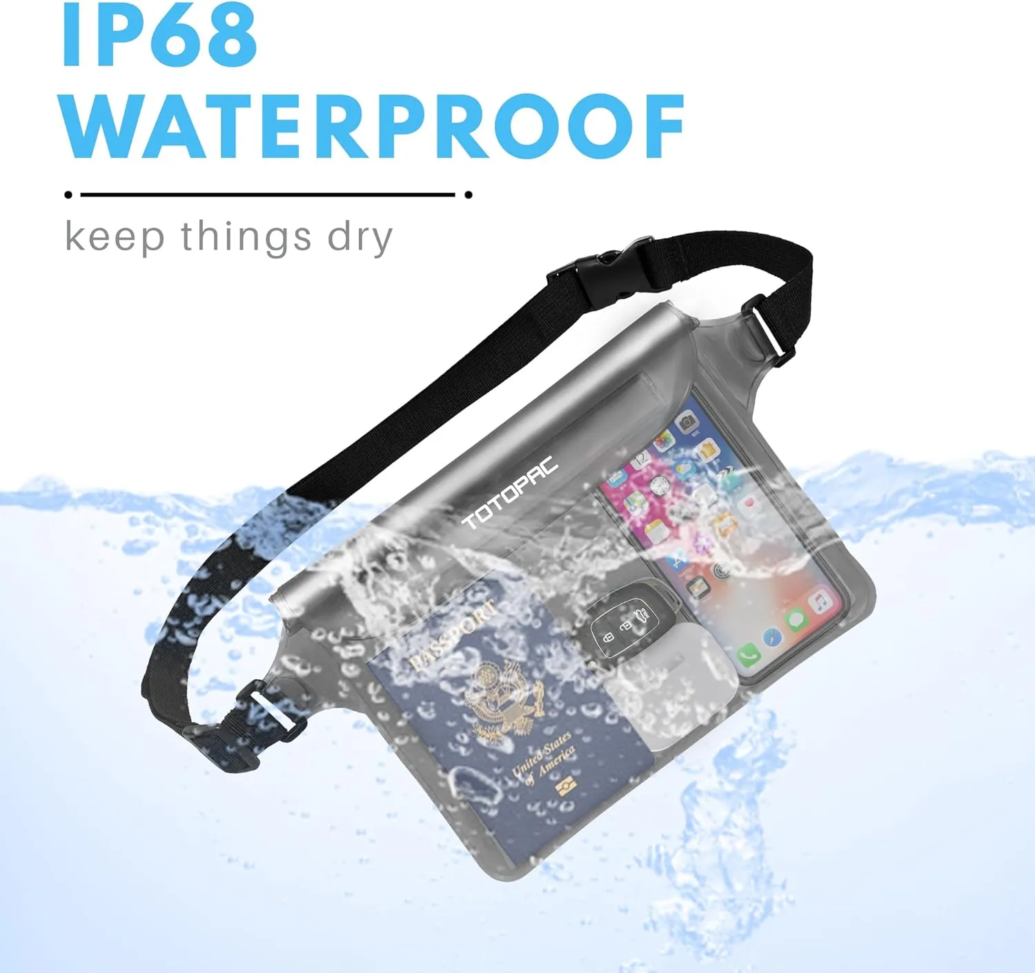 2-Pack Waterproof Fanny Pack, Phone Pouch with Waist Strap, 9x6.7 Inch Dry Bag for Phone, Cash, and Valuables  for Swimming, Kayaking, Boating, Snorkeling, and Water Sports (2, Black   Grey)