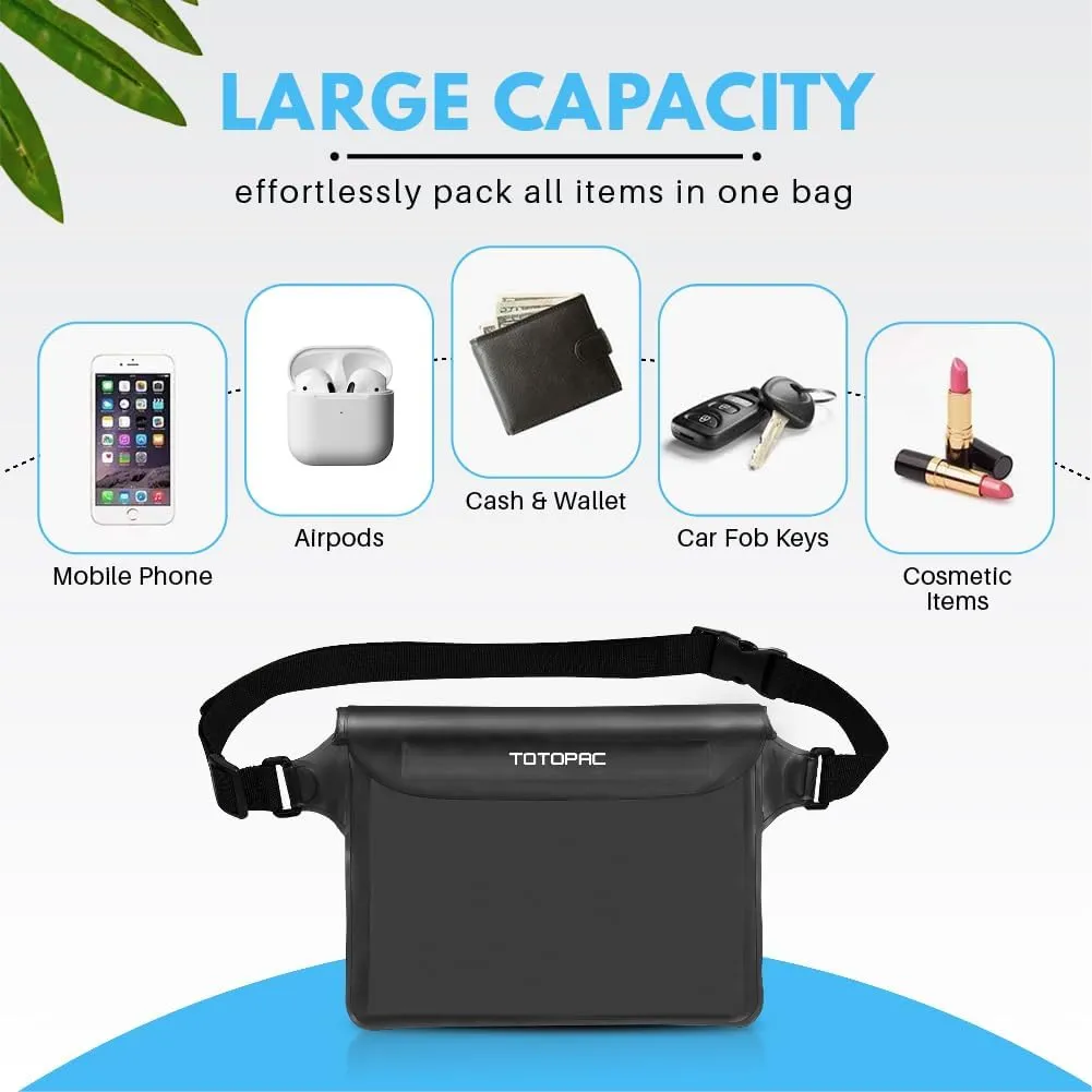 2-Pack Waterproof Fanny Pack, Phone Pouch with Waist Strap, 9x6.7 Inch Dry Bag for Phone, Cash, and Valuables  for Swimming, Kayaking, Boating, Snorkeling, and Water Sports (2, Black   Grey)