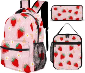 3pcs Cute Strawberry & Daisy Backpack Set, Multi-functional Laptop Bag 17in Water Resistant Daypack, Large Capacity Double Shoulder Backpack With Lunch Bag (Cute Strawberry & Daisy