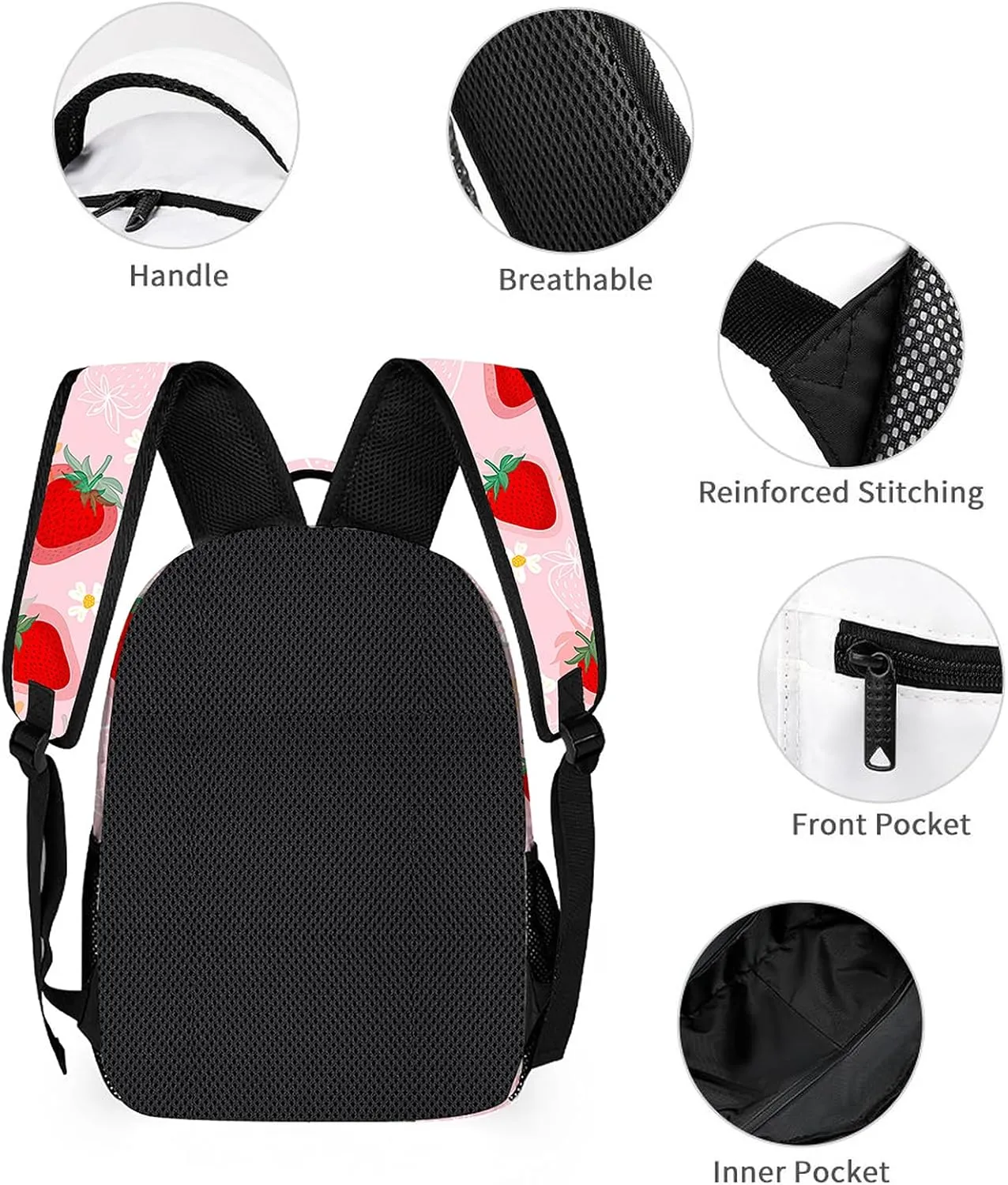 3pcs Cute Strawberry & Daisy Backpack Set, Multi-functional Laptop Bag 17in Water Resistant Daypack, Large Capacity Double Shoulder Backpack With Lunch Bag (Cute Strawberry & Daisy