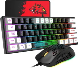 60% Gaming Keyboard and Mouse Combo Portable Mini RGB Backlight Black White Duble Color Keycaps Mechanical Feeling and RGB 6400 DPI Honeycomb Optical Mouse,Gaming Mouse pad for Gamers and Typists
