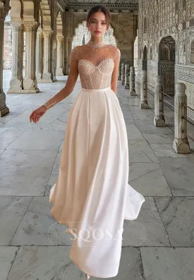 A-Line High Scoop-Neck Long-Sleeves Wedding Dress Beaded Pleated Satin Bride Gowns with Train