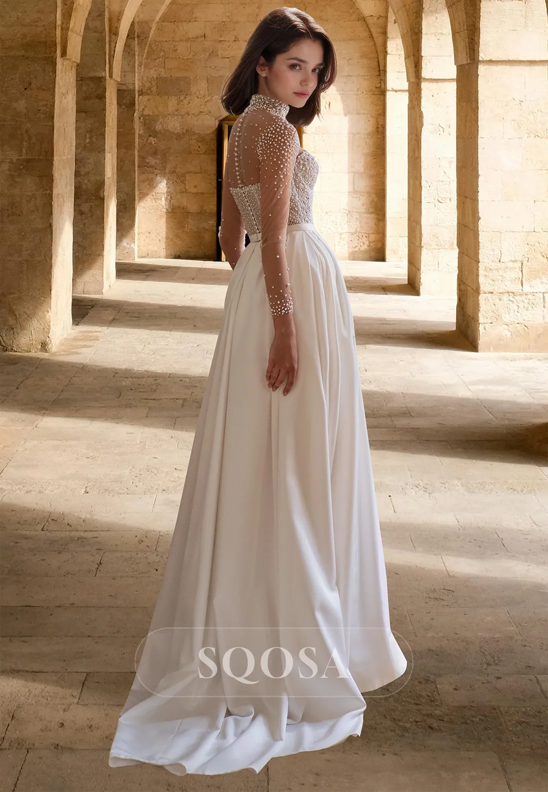 A-Line High Scoop-Neck Long-Sleeves Wedding Dress Beaded Pleated Satin Bride Gowns with Train