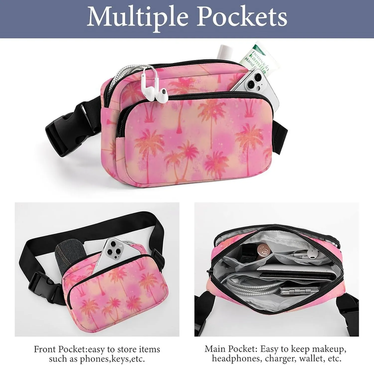 Abstract Pink Coconut Tree Belt Bag Fanny Pack Crossbody Dye Fashion Waist Packs With Adjustable Strap For Men Women Travel Hiking Cycling Running