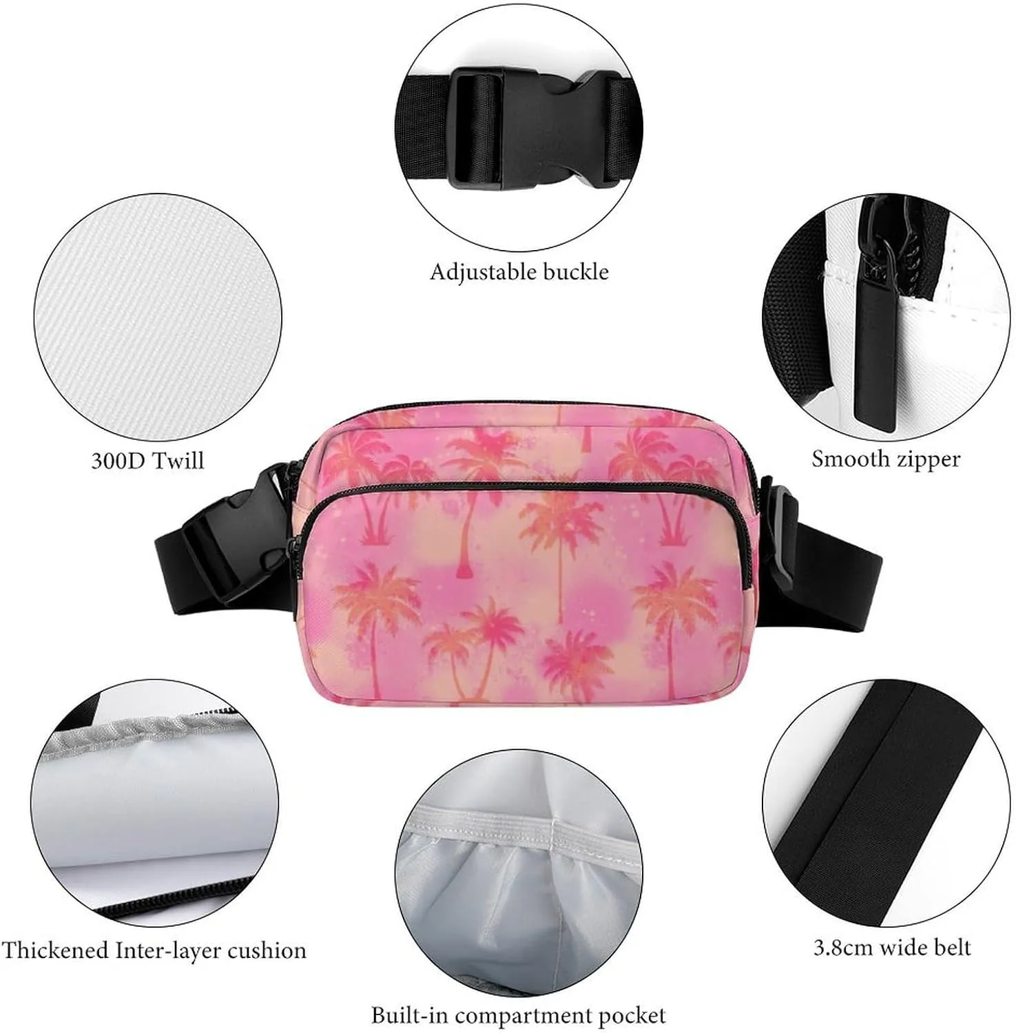 Abstract Pink Coconut Tree Belt Bag Fanny Pack Crossbody Dye Fashion Waist Packs With Adjustable Strap For Men Women Travel Hiking Cycling Running