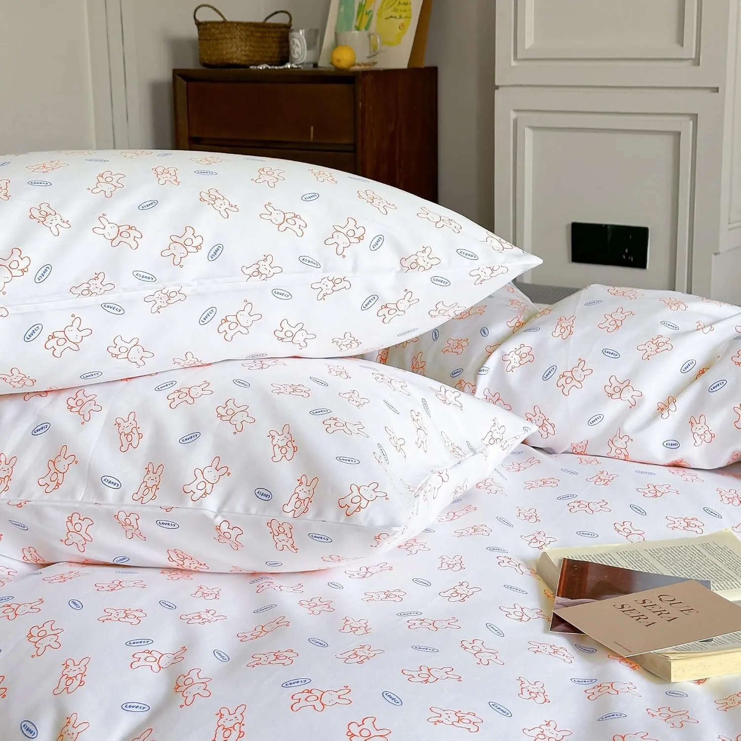 AOJIM Pure Cotton Kids Adults Duvet Cover Set, Cute Rabbit Patterns Exquisite Bedding Comforter Cover Set 3pcs for Room Decor, 1 Soft Lightweight Quilt Cover Full Size and 2 Pillowcases, No Comforter