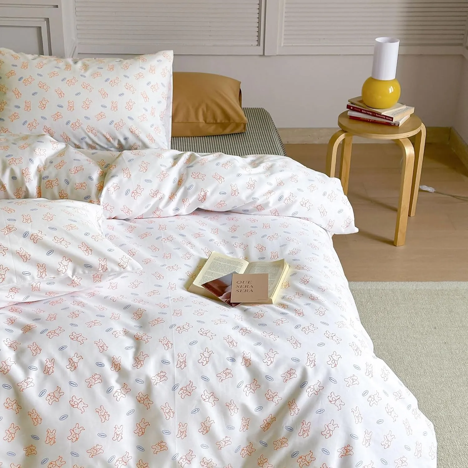 AOJIM Pure Cotton Kids Adults Duvet Cover Set, Cute Rabbit Patterns Exquisite Bedding Comforter Cover Set 3pcs for Room Decor, 1 Soft Lightweight Quilt Cover Full Size and 2 Pillowcases, No Comforter