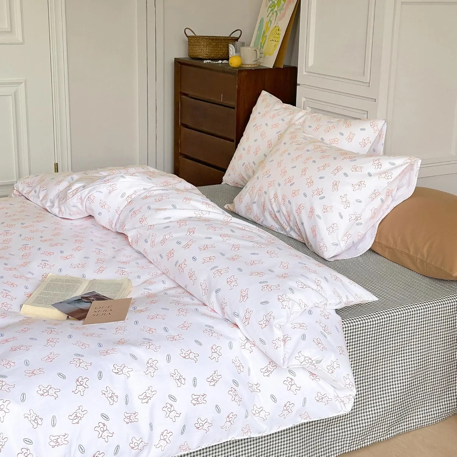 AOJIM Pure Cotton Kids Adults Duvet Cover Set, Cute Rabbit Patterns Exquisite Bedding Comforter Cover Set 3pcs for Room Decor, 1 Soft Lightweight Quilt Cover Full Size and 2 Pillowcases, No Comforter