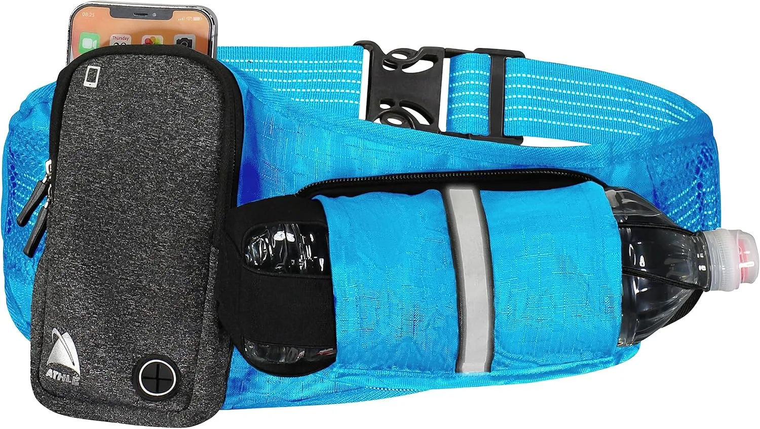 Athl Running Belt  Horizontal Water Bottle Pouch, Large Fanny Pack Pocket Fits All Phones and Wallet, Adjustable One Size Fits All Waist Band, Key Clip, 360 Reflective