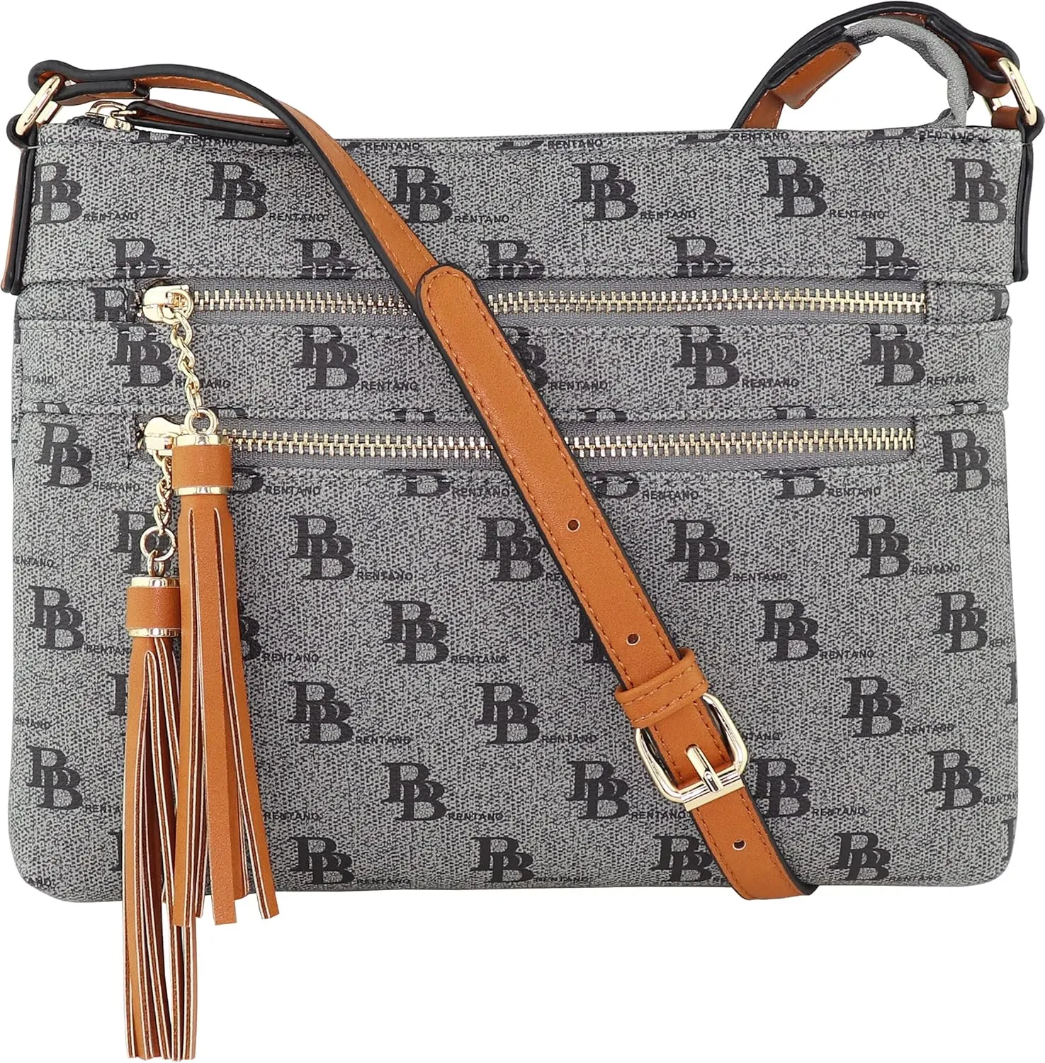 B BRENTANO Vegan Multi-Zipper Crossbody Handbag Purse with Tassel Accents
