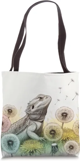 Bearded Dragon Pogona Dandelion Spread Floral Watercolor Art Tote Bag