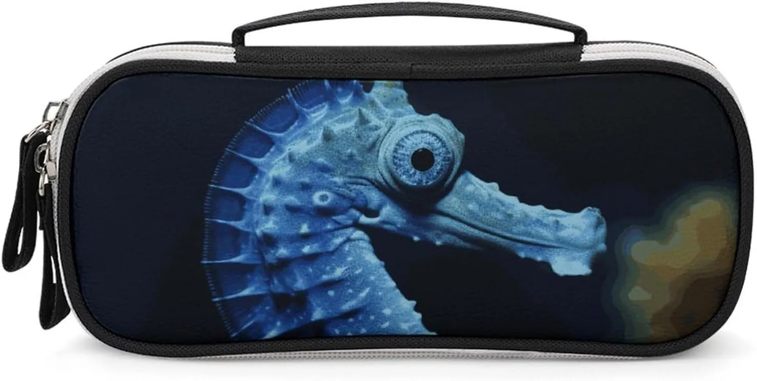 Blue Seahorse Leather Makeup Bag Portable Small Cosmetic Organizer Waterproof Toiletry Bags Brushes Pencils And Travel Make Up Accessories