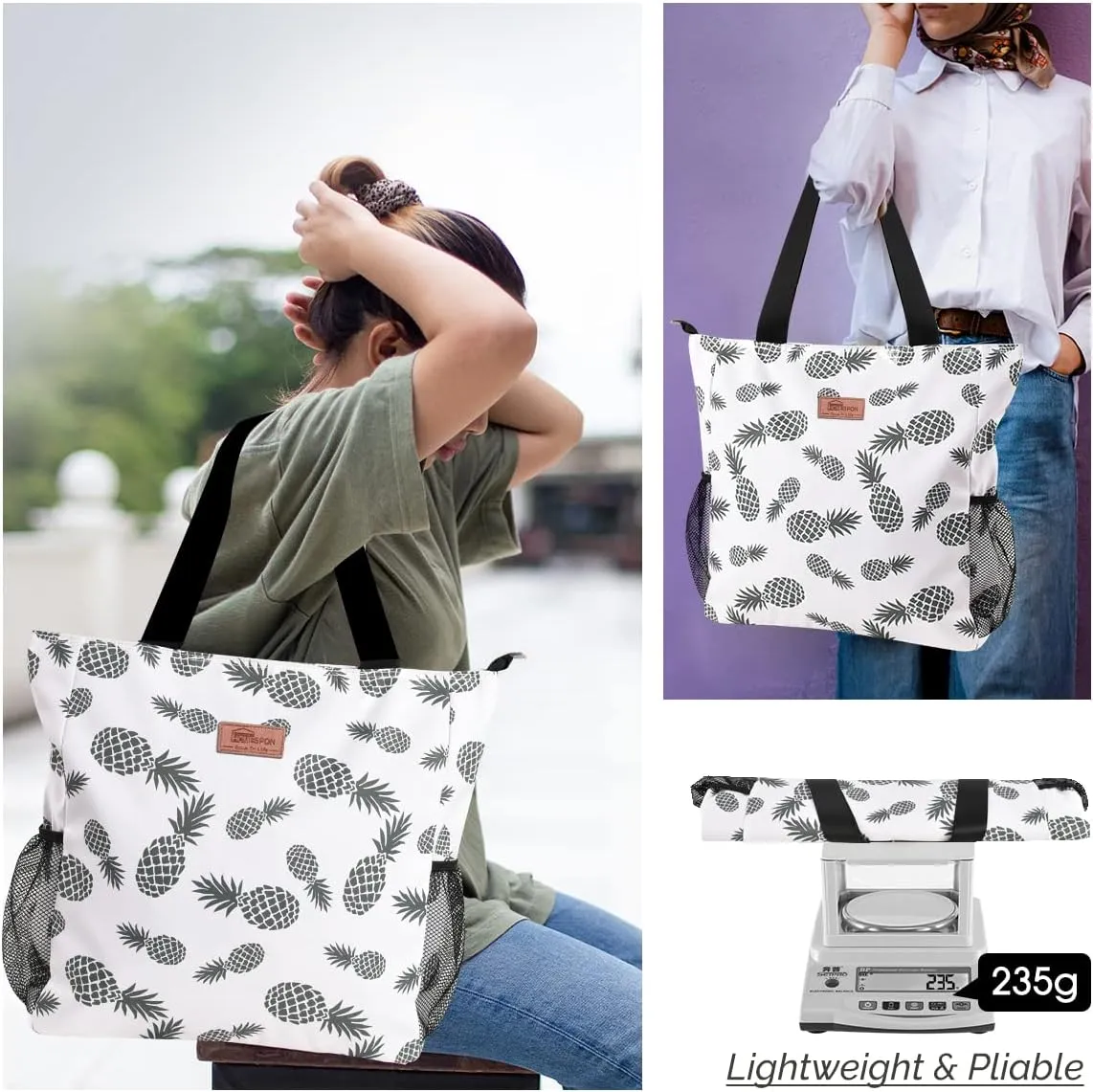 Buringer Large Waterproof Beach Bag for Women Sandproof Tote Bag with Zipper and Pockets Pool Bag for Travel Gym Vacation