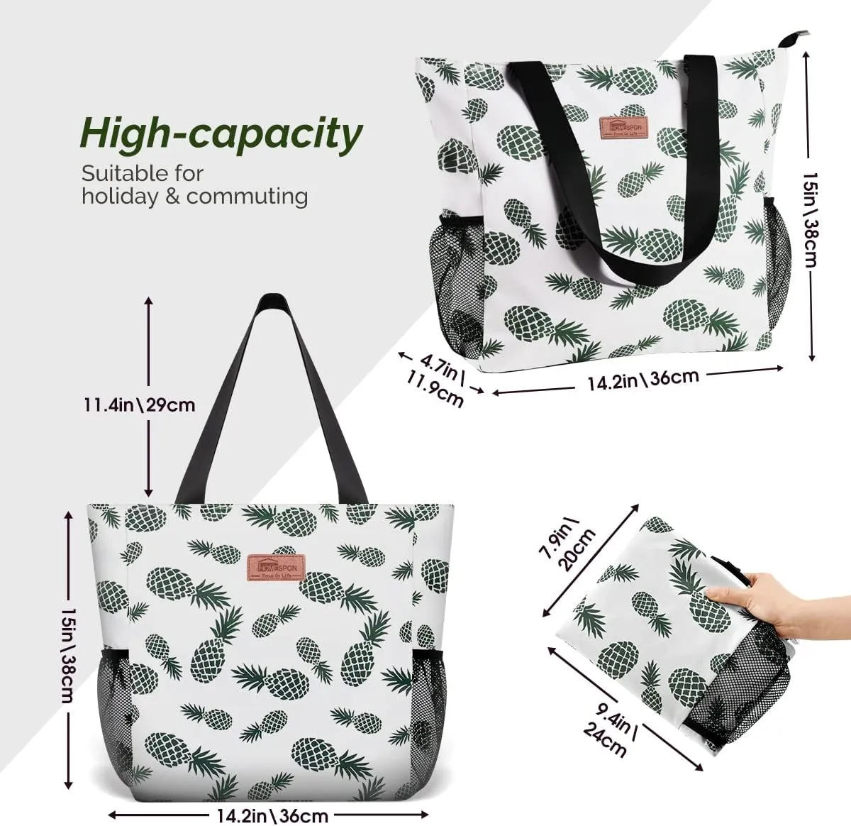 Buringer Large Waterproof Beach Bag for Women Sandproof Tote Bag with Zipper and Pockets Pool Bag for Travel Gym Vacation