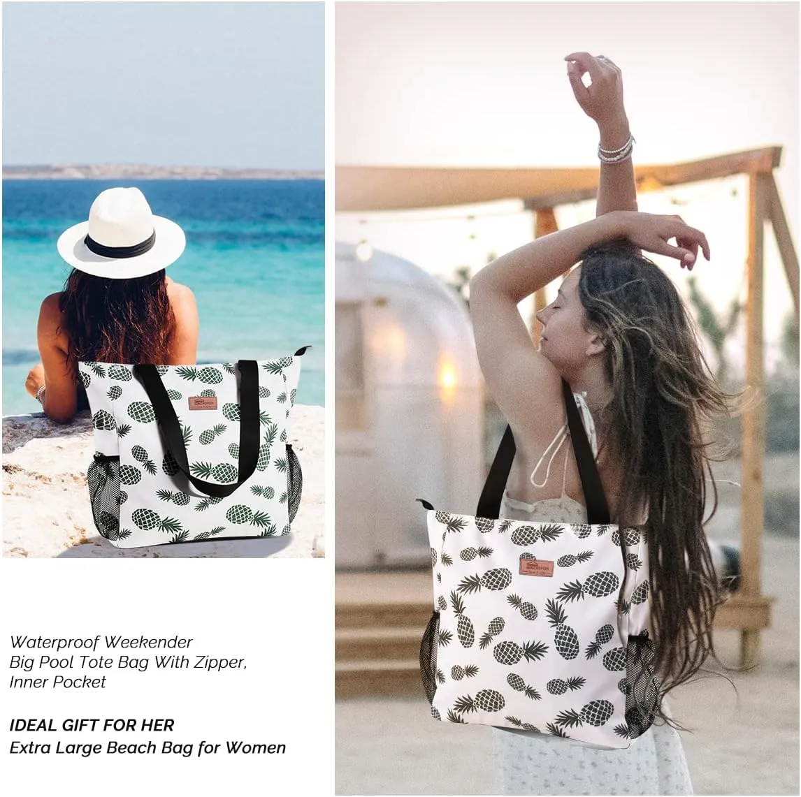 Buringer Large Waterproof Beach Bag for Women Sandproof Tote Bag with Zipper and Pockets Pool Bag for Travel Gym Vacation