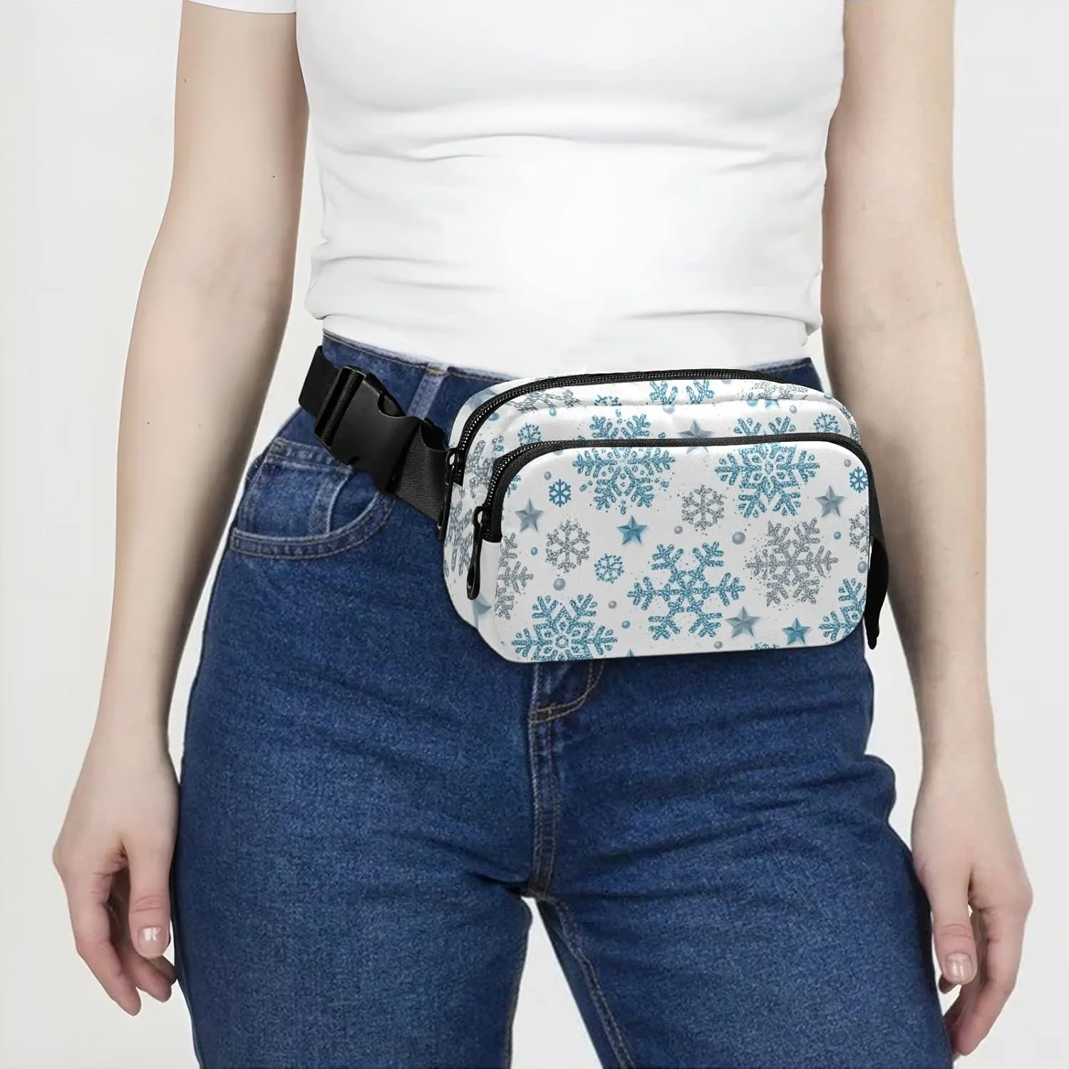Christmas Silver and Blue Glittering Snowflakes and Stars on White Adjustable Fanny Waist Pack Pouch, Waterproof Runners Sports Waist Pack Wallet for Sports Hiking Fitness Cycling Gym Women Men