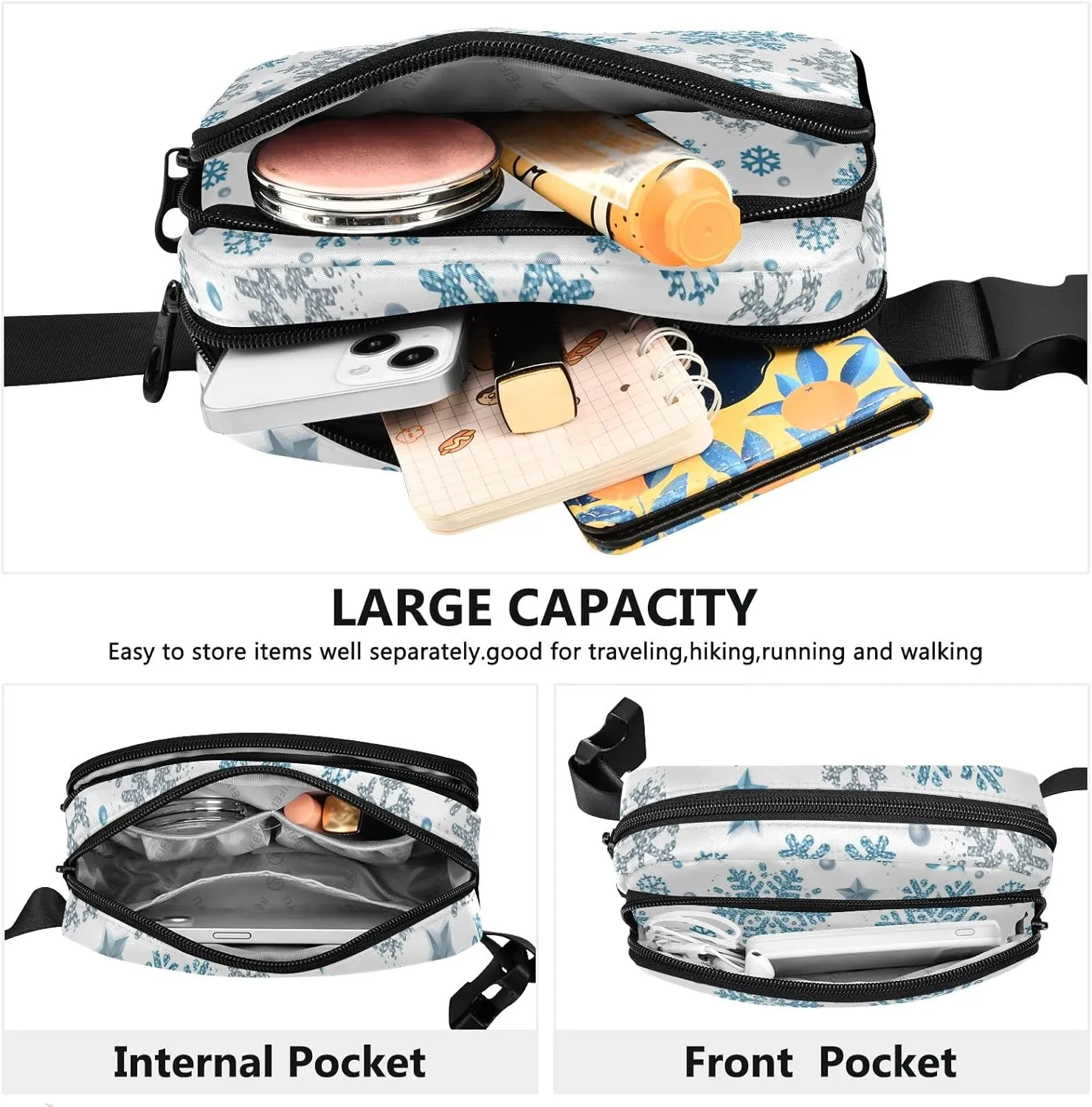 Christmas Silver and Blue Glittering Snowflakes and Stars on White Adjustable Fanny Waist Pack Pouch, Waterproof Runners Sports Waist Pack Wallet for Sports Hiking Fitness Cycling Gym Women Men
