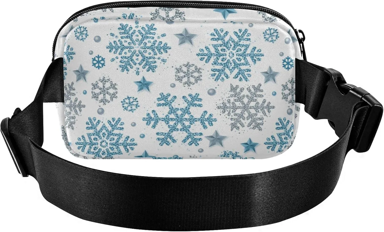 Christmas Silver and Blue Glittering Snowflakes and Stars on White Adjustable Fanny Waist Pack Pouch, Waterproof Runners Sports Waist Pack Wallet for Sports Hiking Fitness Cycling Gym Women Men