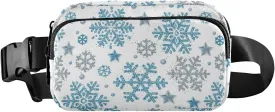 Christmas Silver and Blue Glittering Snowflakes and Stars on White Adjustable Fanny Waist Pack Pouch, Waterproof Runners Sports Waist Pack Wallet for Sports Hiking Fitness Cycling Gym Women Men