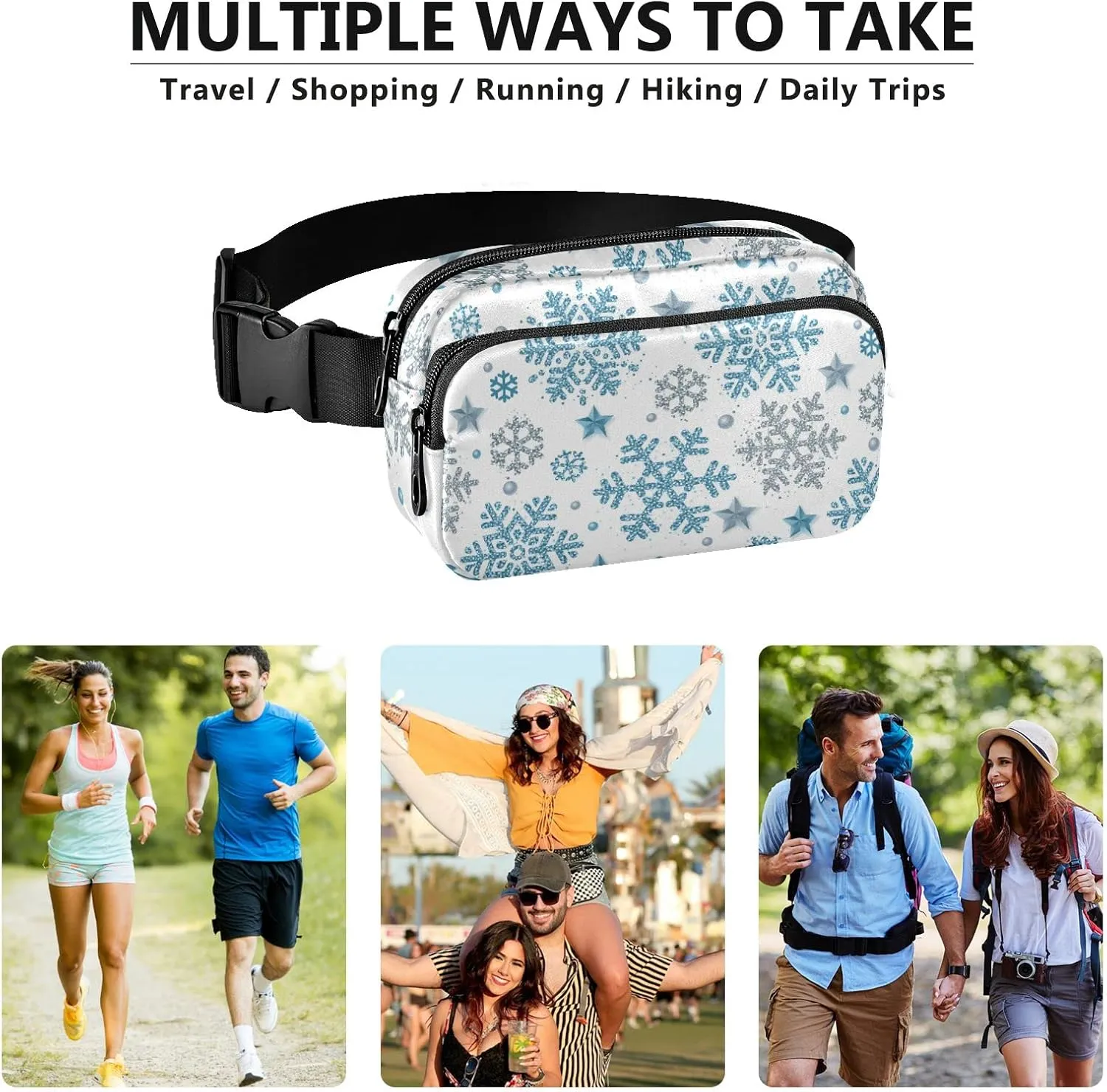 Christmas Silver and Blue Glittering Snowflakes and Stars on White Adjustable Fanny Waist Pack Pouch, Waterproof Runners Sports Waist Pack Wallet for Sports Hiking Fitness Cycling Gym Women Men