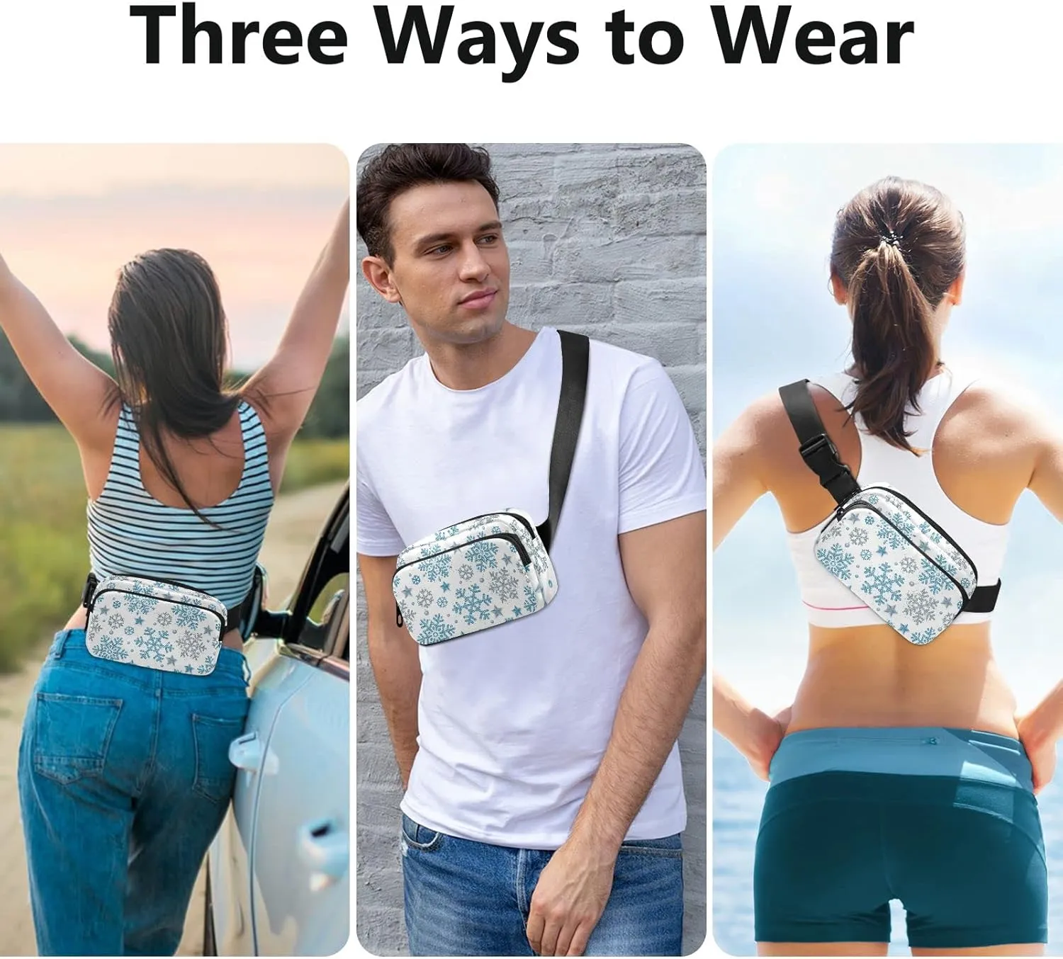 Christmas Silver and Blue Glittering Snowflakes and Stars on White Adjustable Fanny Waist Pack Pouch, Waterproof Runners Sports Waist Pack Wallet for Sports Hiking Fitness Cycling Gym Women Men