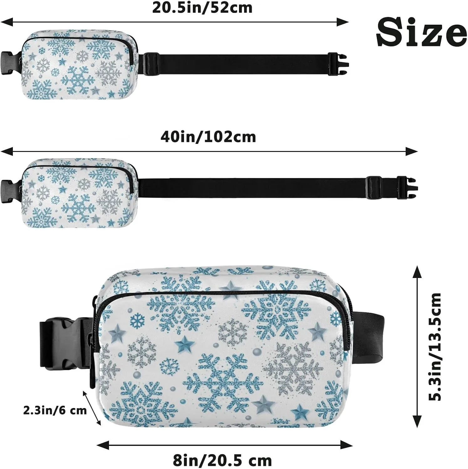 Christmas Silver and Blue Glittering Snowflakes and Stars on White Adjustable Fanny Waist Pack Pouch, Waterproof Runners Sports Waist Pack Wallet for Sports Hiking Fitness Cycling Gym Women Men