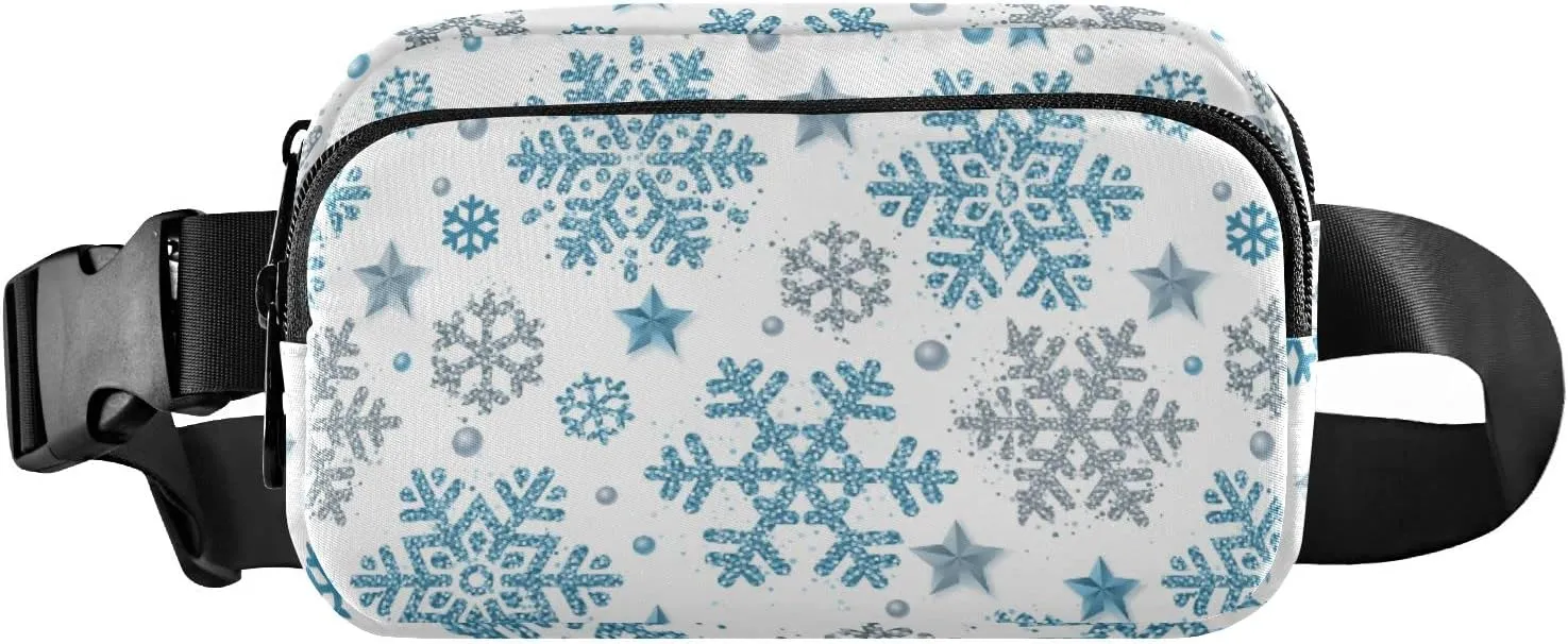 Christmas Silver and Blue Glittering Snowflakes and Stars on White Adjustable Fanny Waist Pack Pouch, Waterproof Runners Sports Waist Pack Wallet for Sports Hiking Fitness Cycling Gym Women Men