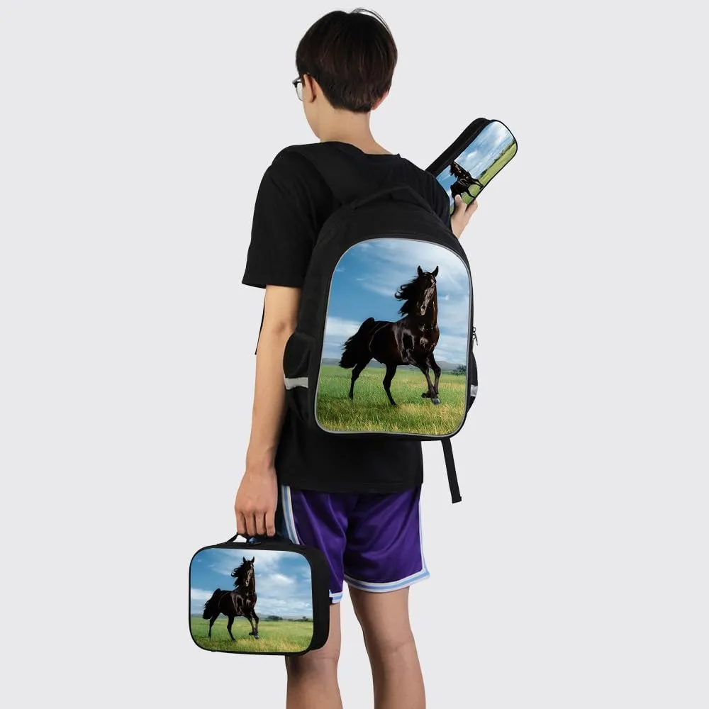 Durable School Backpack Horse Print Bookbag Lunch Cooler Bag Pencil Case