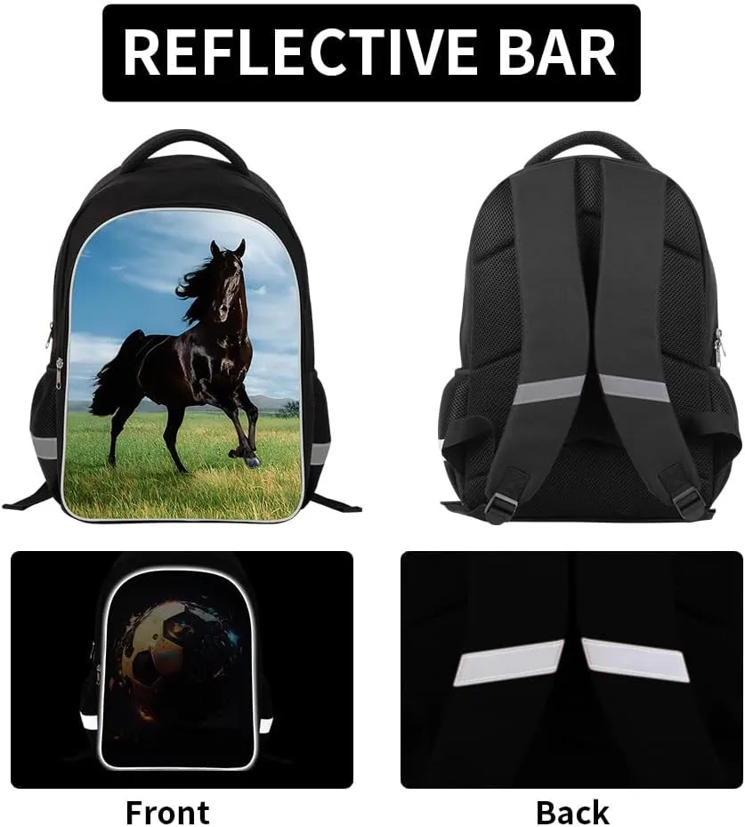 Durable School Backpack Horse Print Bookbag Lunch Cooler Bag Pencil Case