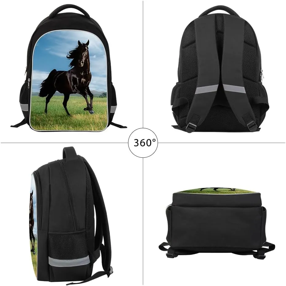 Durable School Backpack Horse Print Bookbag Lunch Cooler Bag Pencil Case