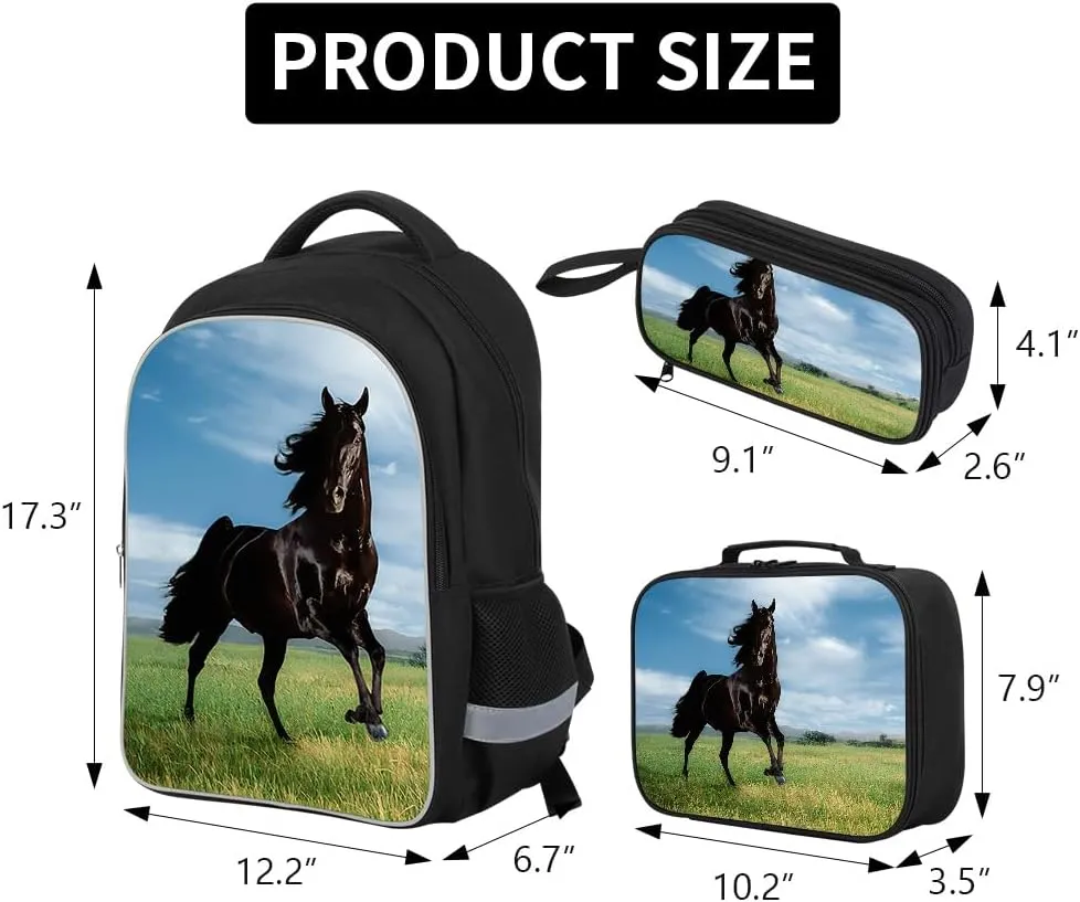 Durable School Backpack Horse Print Bookbag Lunch Cooler Bag Pencil Case