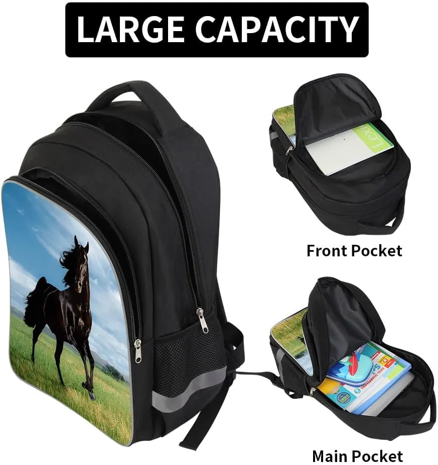 Durable School Backpack Horse Print Bookbag Lunch Cooler Bag Pencil Case