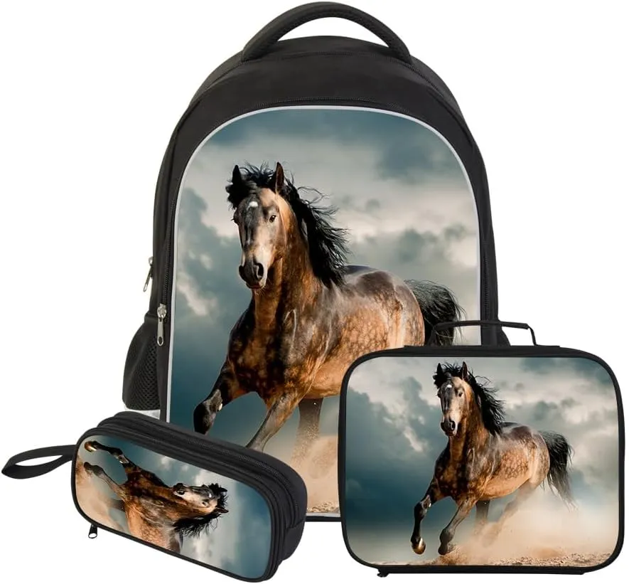 Durable School Backpack Horse Print Bookbag Lunch Cooler Bag Pencil Case
