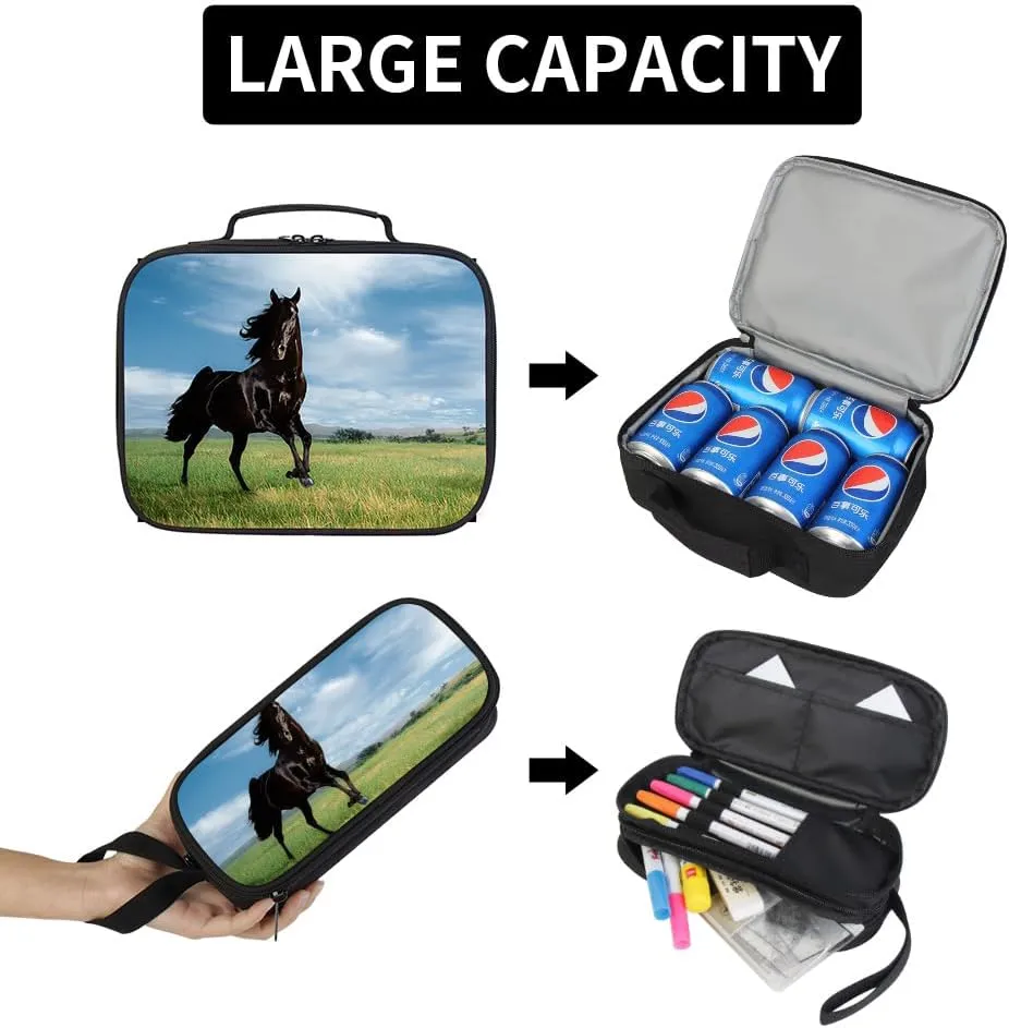Durable School Backpack Horse Print Bookbag Lunch Cooler Bag Pencil Case