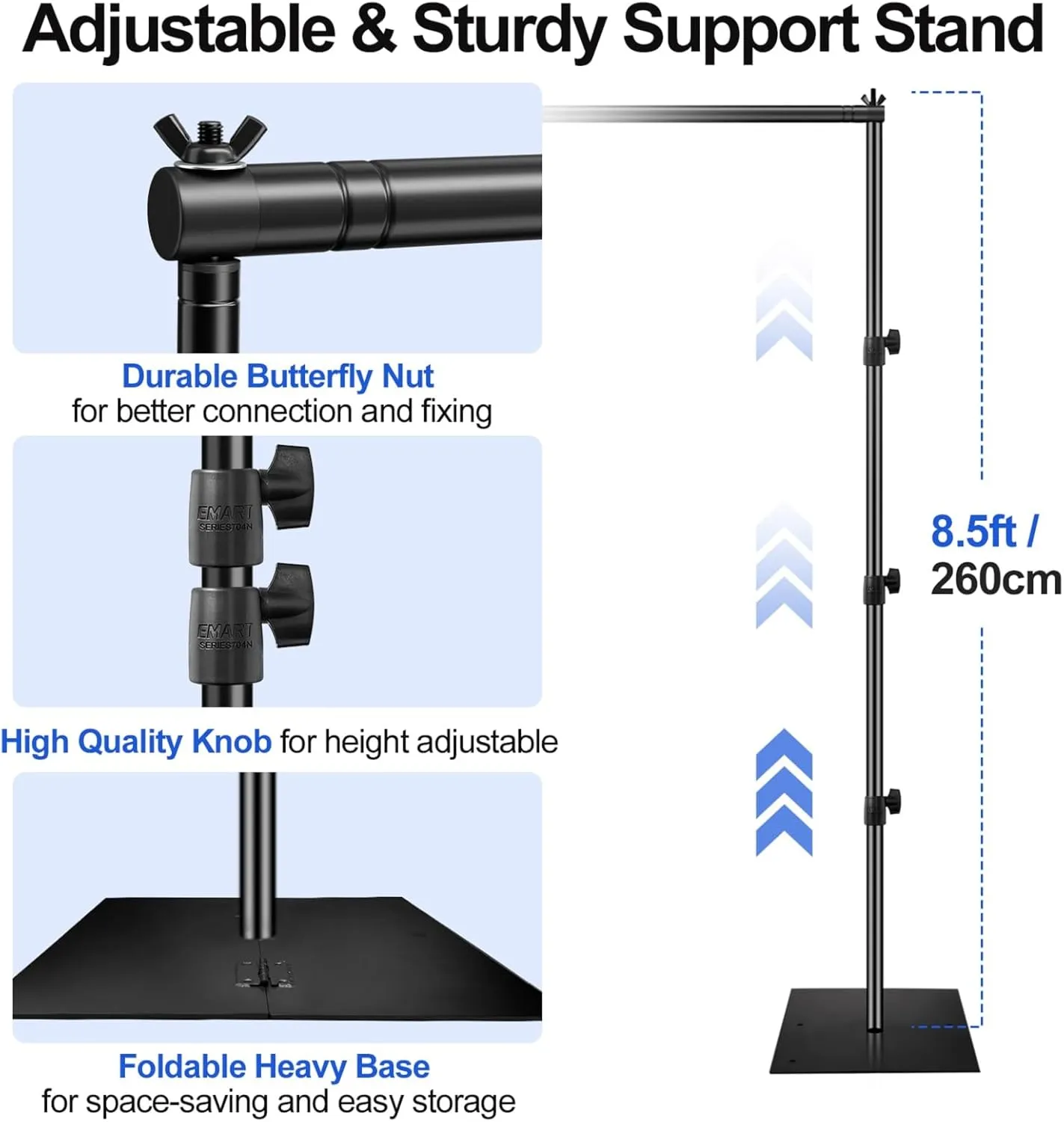 EMART Backdrop Stand, 10x10ft Width Adjustable Photography Background Support Poles with Heavy Duty Flat Base, Photo Metal Steel Pipe and Drape Frame Kit for Parties Birthday Wedding - Black