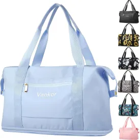 Expandable Travel Duffle Bag for Travel, Carry on Tote Bag Weekender Overnight Hosptital Bag for Men Women Lightweight Luggage Maternity Bag Light Blue