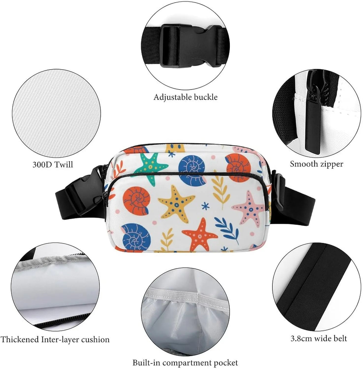 Fanny Pack for Women Men Starfish And Sea Shell Belt Bag Sea Animals Waist Pack Bum Bag for Running Cycling Hiking Travel Workout with Adjustable Strap