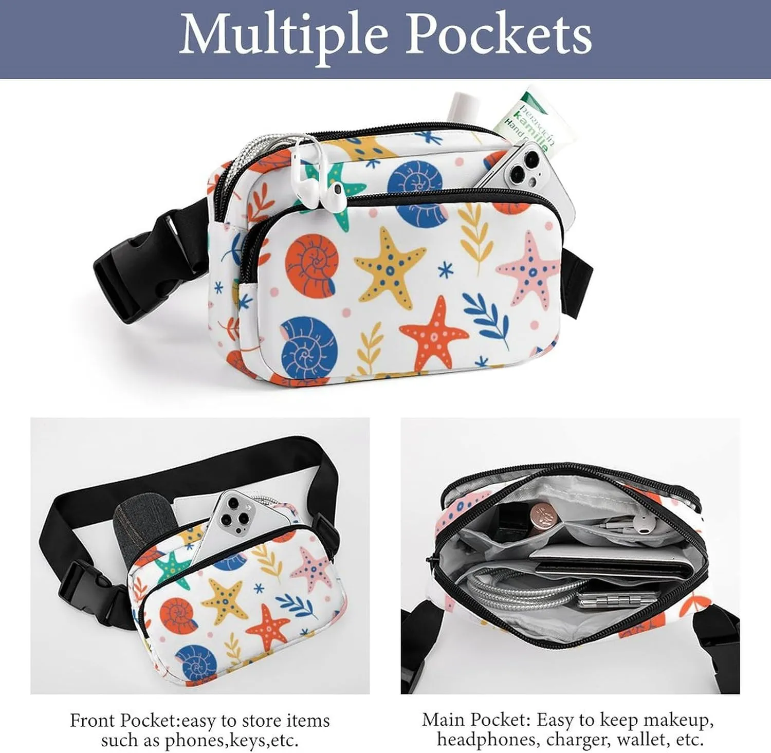 Fanny Pack for Women Men Starfish And Sea Shell Belt Bag Sea Animals Waist Pack Bum Bag for Running Cycling Hiking Travel Workout with Adjustable Strap