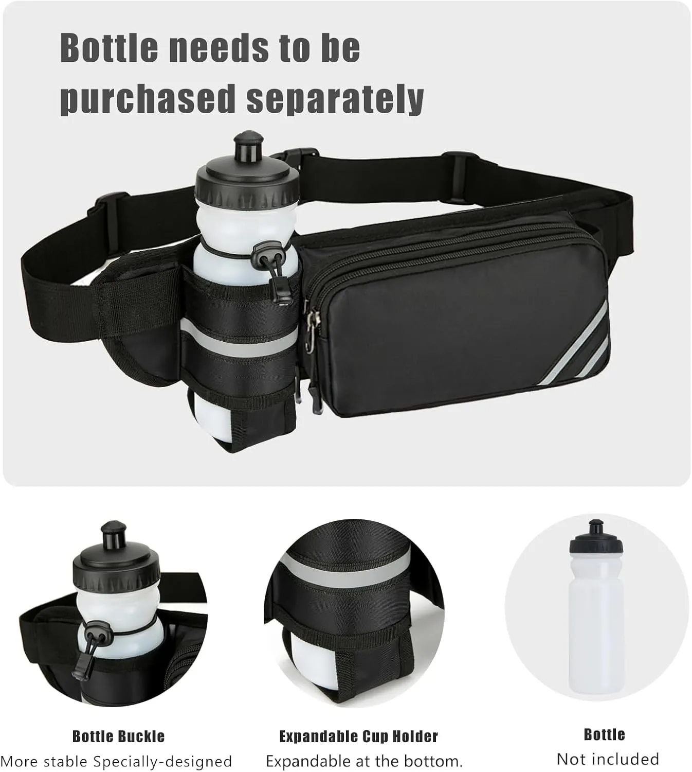 Fanny Pack with Water Bottle Holder for Men Women  Large Hiking Fanny Pack with Adjustable Strap Belt for Cycling Hiking Dog Walking Outdoor, Water Resistant Pack Black(Bottle Not Included)
