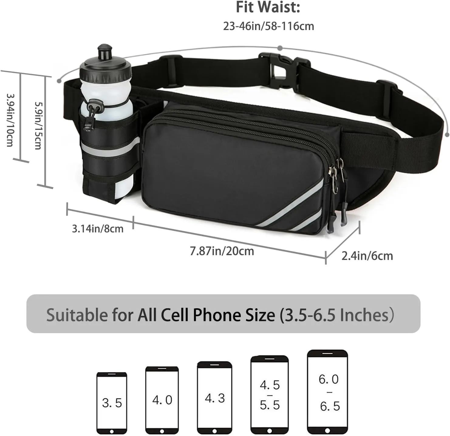 Fanny Pack with Water Bottle Holder for Men Women  Large Hiking Fanny Pack with Adjustable Strap Belt for Cycling Hiking Dog Walking Outdoor, Water Resistant Pack Black(Bottle Not Included)