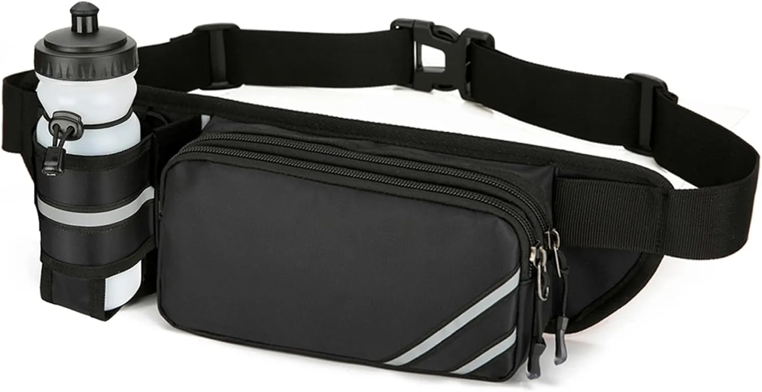 Fanny Pack with Water Bottle Holder for Men Women  Large Hiking Fanny Pack with Adjustable Strap Belt for Cycling Hiking Dog Walking Outdoor, Water Resistant Pack Black(Bottle Not Included)