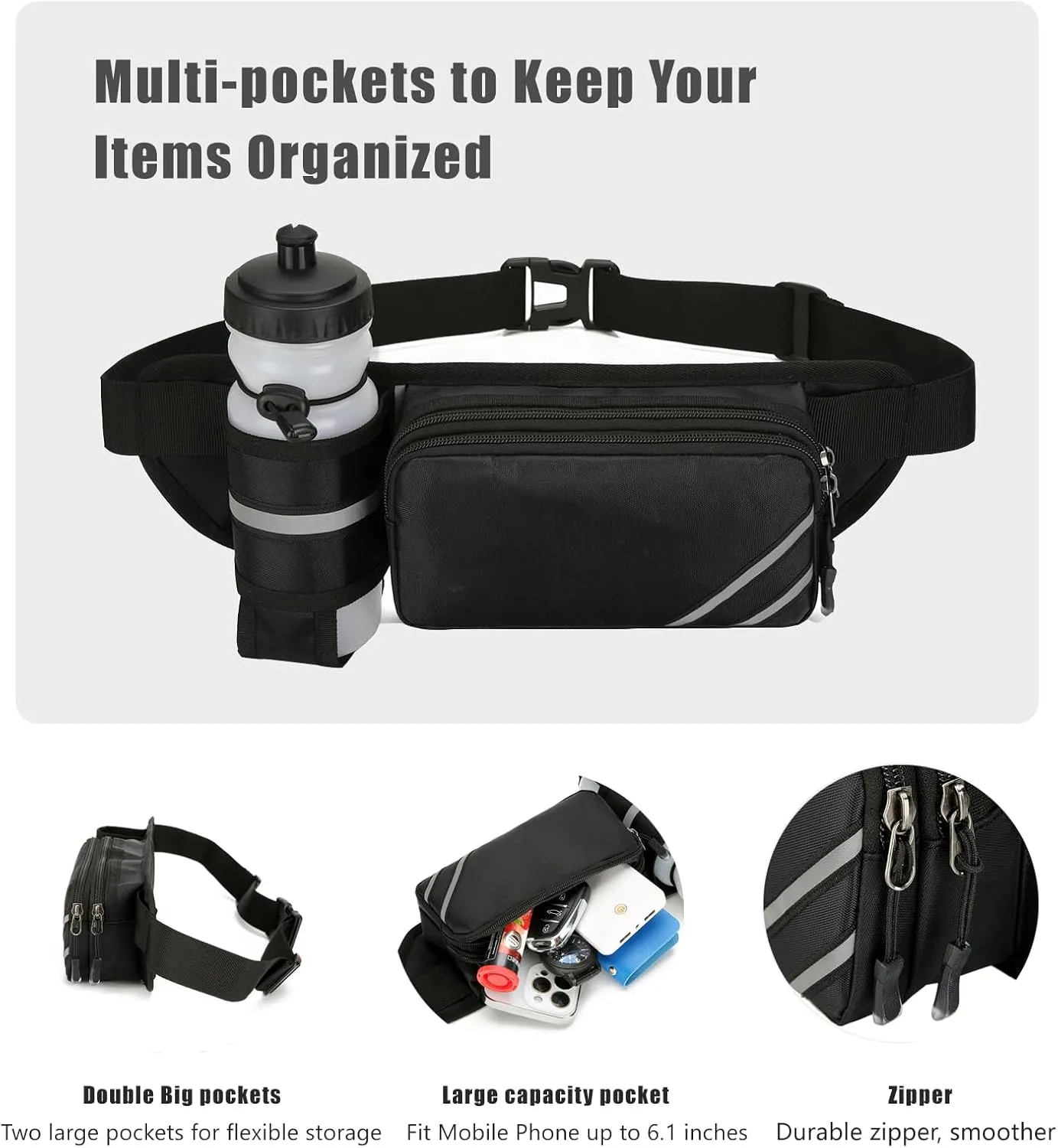 Fanny Pack with Water Bottle Holder for Men Women  Large Hiking Fanny Pack with Adjustable Strap Belt for Cycling Hiking Dog Walking Outdoor, Water Resistant Pack Black(Bottle Not Included)