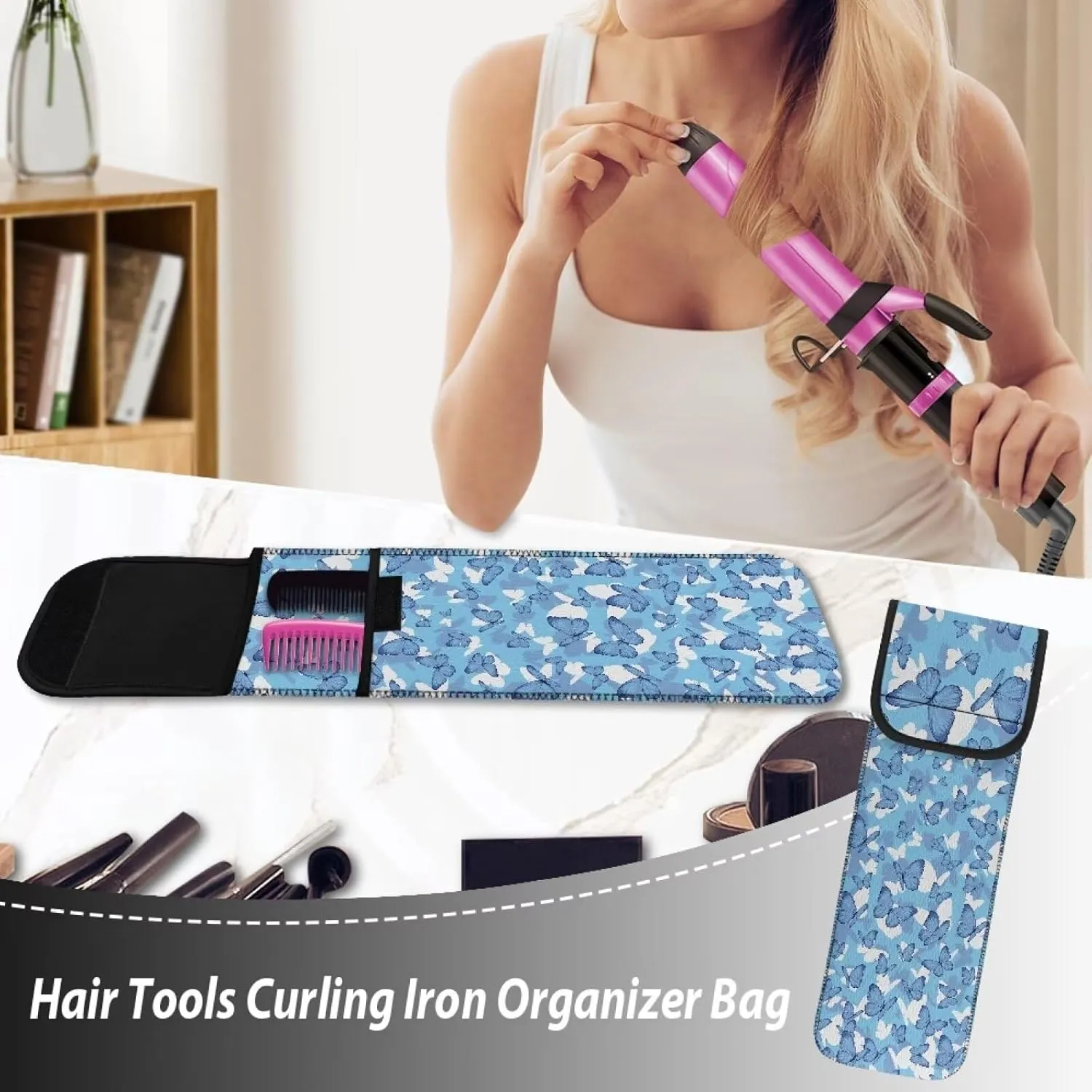 Flashideas Blue Butterfly Heat Resistant Neoprene Curling Iron Cover Bag with Pocket Curling Iron Organizers and Storage Universal Curling Iron Cover Sleeve for Hair Straightener