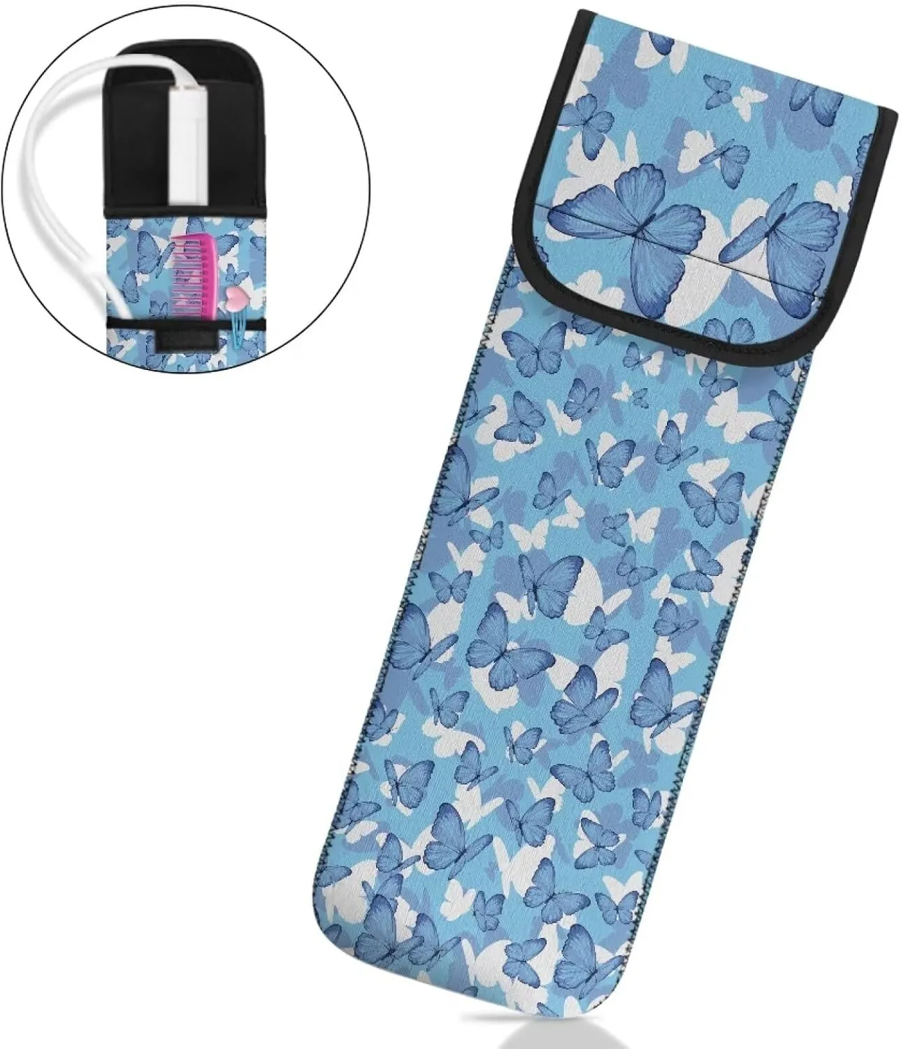 Flashideas Blue Butterfly Heat Resistant Neoprene Curling Iron Cover Bag with Pocket Curling Iron Organizers and Storage Universal Curling Iron Cover Sleeve for Hair Straightener