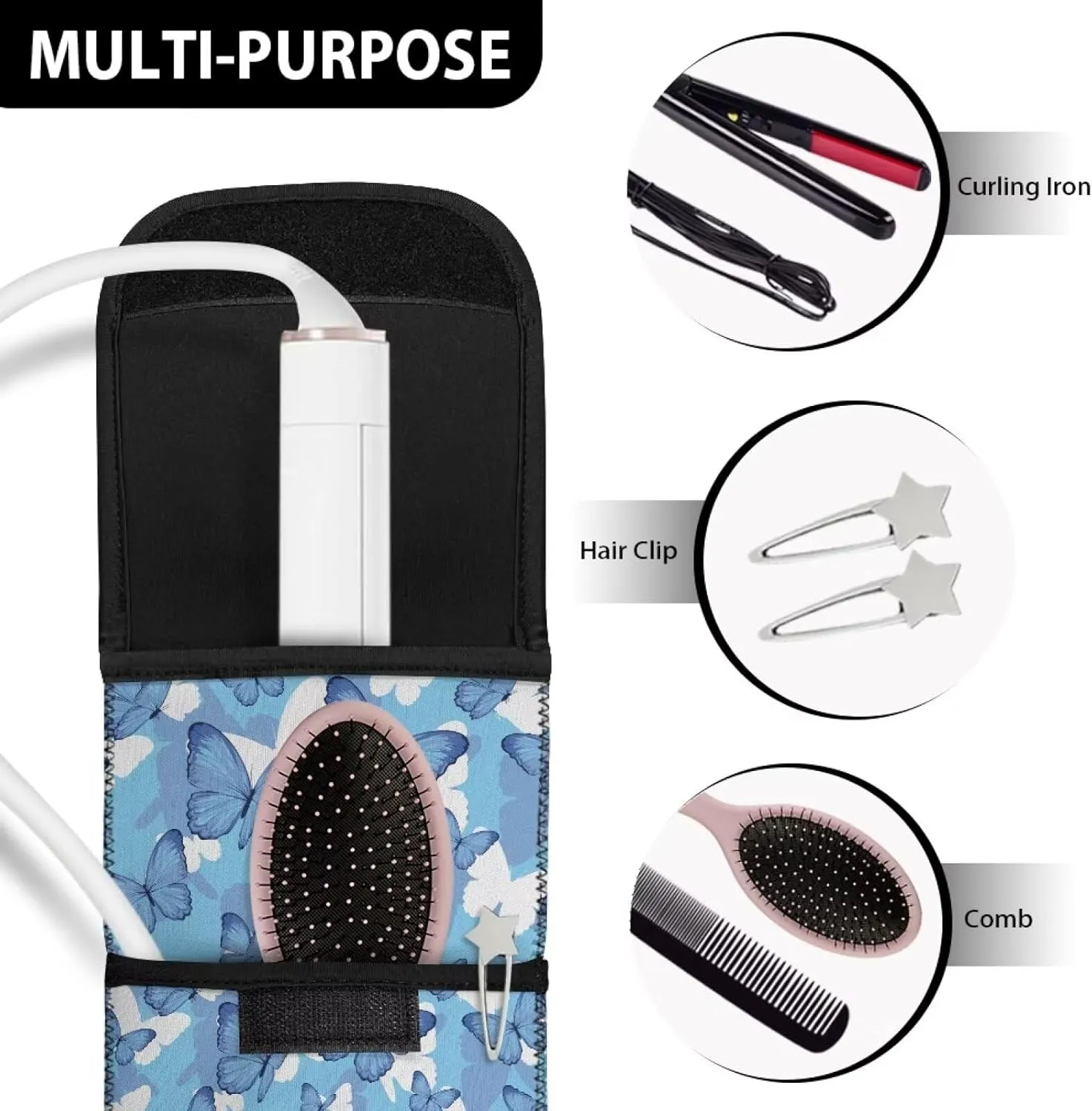 Flashideas Blue Butterfly Heat Resistant Neoprene Curling Iron Cover Bag with Pocket Curling Iron Organizers and Storage Universal Curling Iron Cover Sleeve for Hair Straightener