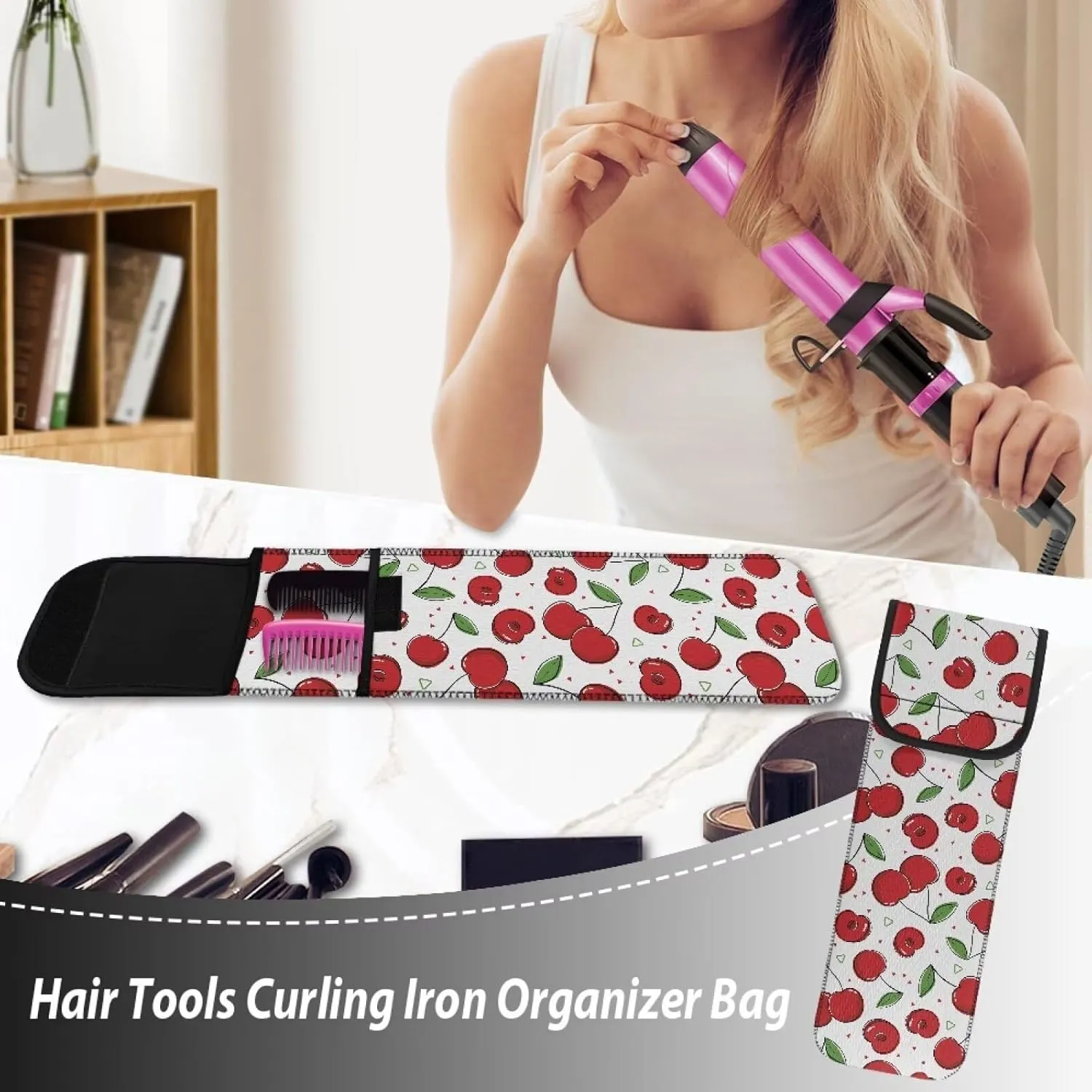Flashideas Cherry Flat Iron Holder Travel Neoprene Storage Pouch Case Bag Neoprene Straightener Holder and Silicone Hot Hair Tools Universal Curling Iron Cover Sleeve Hot Tools Travel Bag