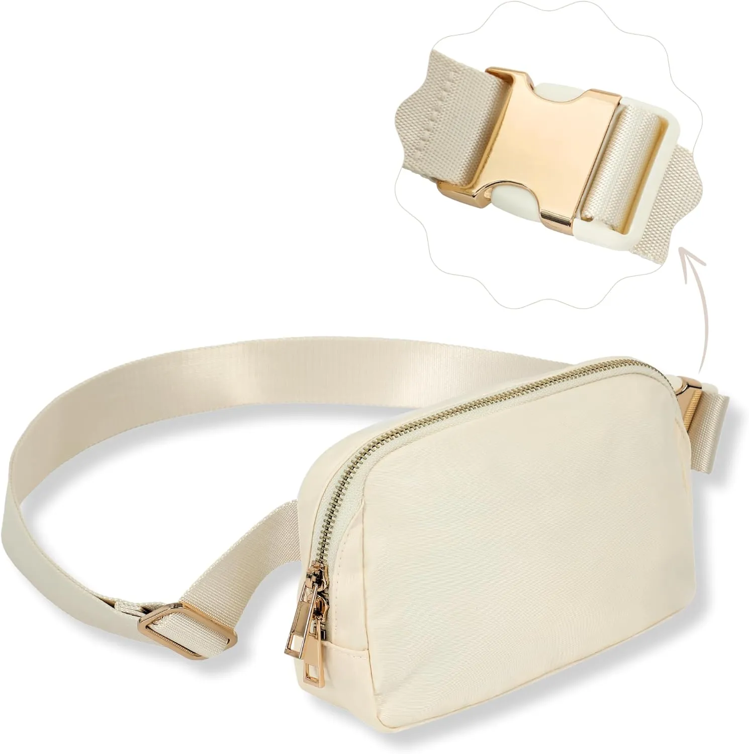 FORZAROCKET Boutique Belt Bag w/Long Strap 70"  Chic Crossbody Bag w/Extended Strap  Elegant Women Fanny Pack  Gold Two-Way Zipper  Travel & Plus Size Friendly, White Cream w/Gold Hardware