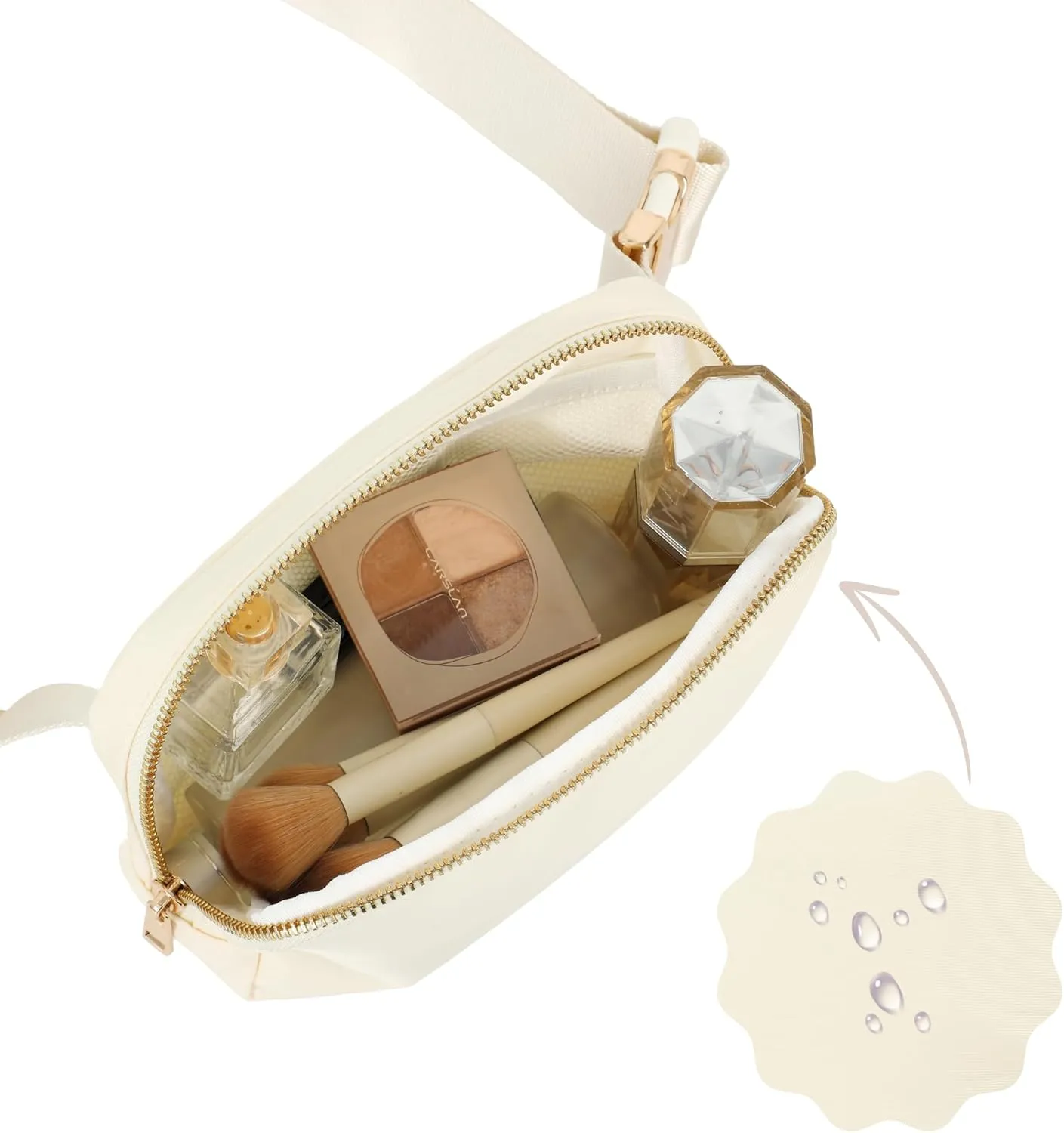 FORZAROCKET Boutique Belt Bag w/Long Strap 70"  Chic Crossbody Bag w/Extended Strap  Elegant Women Fanny Pack  Gold Two-Way Zipper  Travel & Plus Size Friendly, White Cream w/Gold Hardware