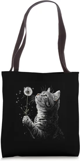 Funny Cat with Dandelion for Spring and Cats Lovers Tote Bag